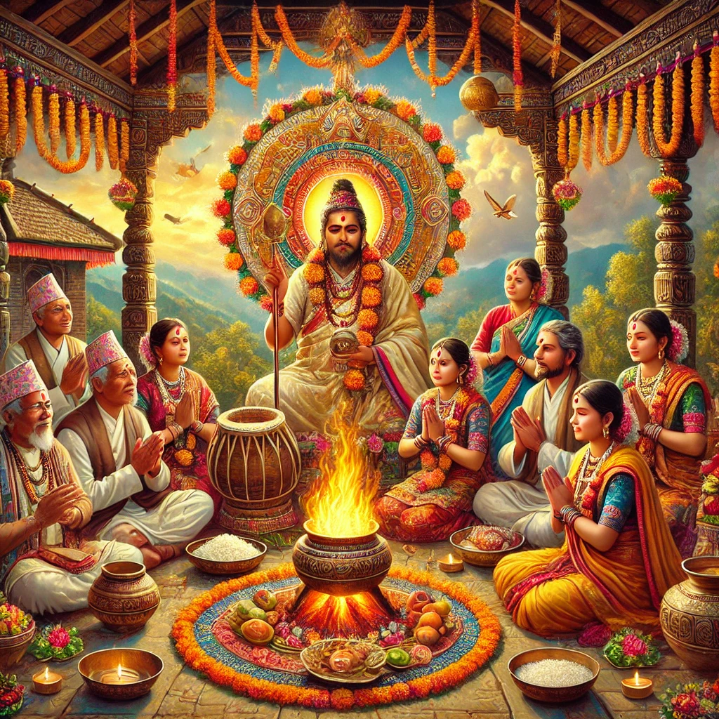 DALL·E 2025-01-10 21.59.00 - A vibrant depiction of a traditional Nepali Kul Puja ceremony. A family gathered in a rural setting, performing rituals around a sacred fire (Havan). DALL·E 2025-01-10 21.59.00 - A vibrant depiction of a traditional Nepali Kul Puja ceremony. A family gathered in a rural setting, performing rituals around a sacred fire (Havan).